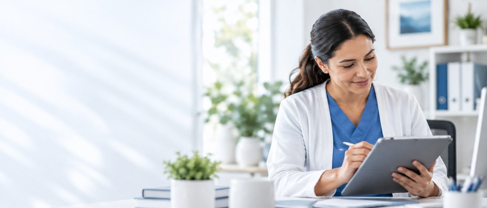 Healthcare professional reviewing information securely on a tablet