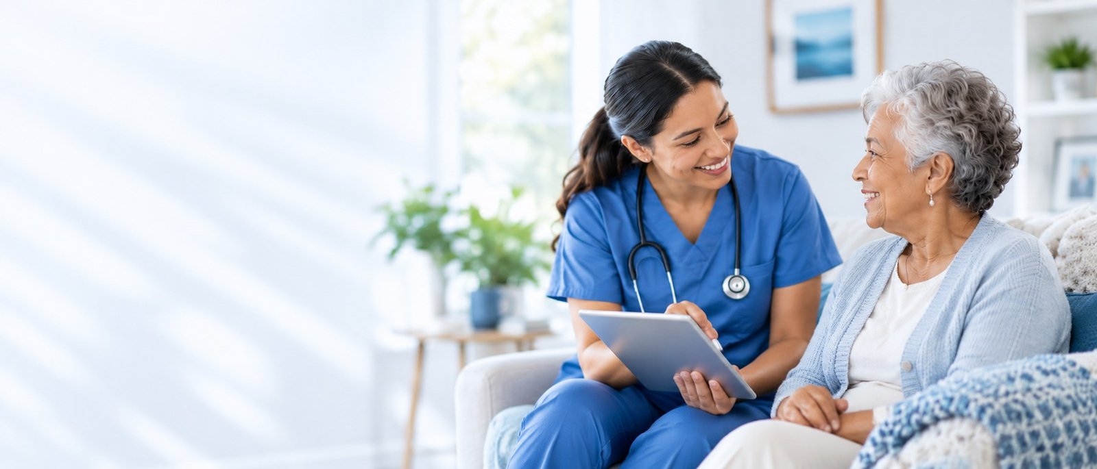 Healthcare professional discussing care options with an older adult during a consultation